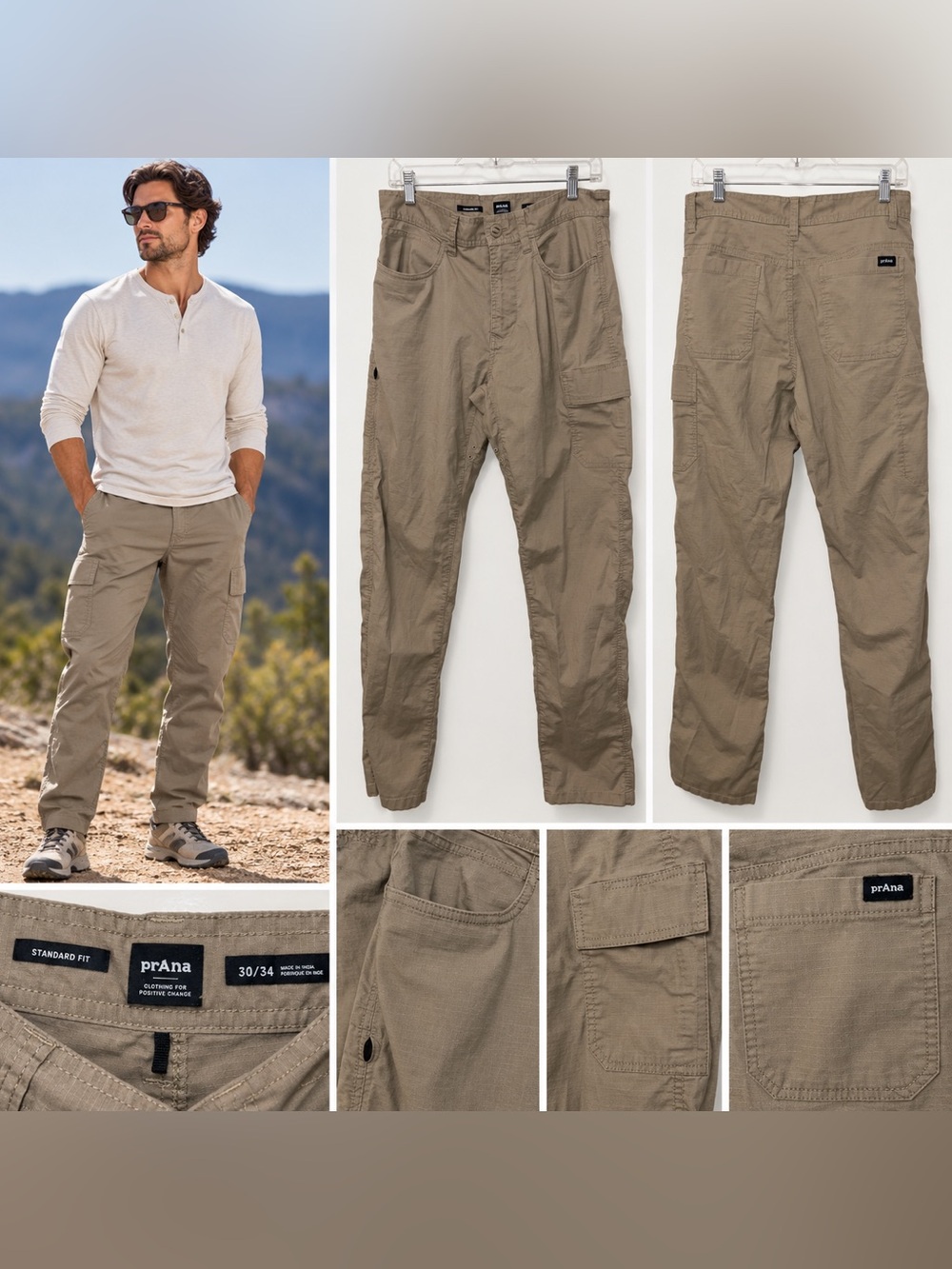 prAna Double Peak Men’s Cargo Hiking Pants Khaki 30x34 Standard Fit
